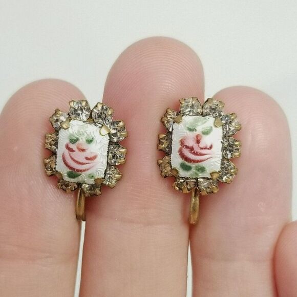 Vintage Pink Enamel Rose Clip On Earrings, Rhinestone Halo Gold Tone Screw Backs - Picture 6 of 7